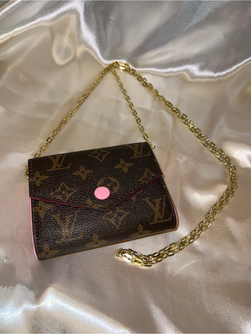 Others Follow Brown Monogram Crossbody Wallet with Pink Trim and Gold Chain